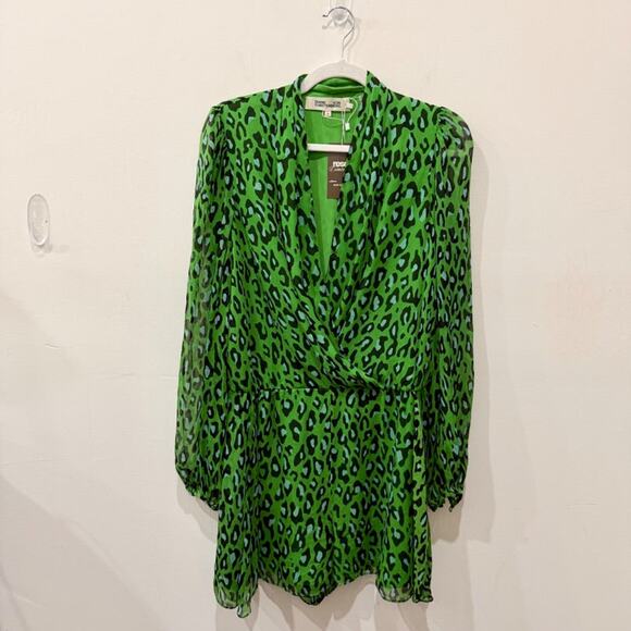 Diane Von Furstenberg Silk Chiffon Leopard Print Short Romper Green/Black Medium - Picture 1 of 4